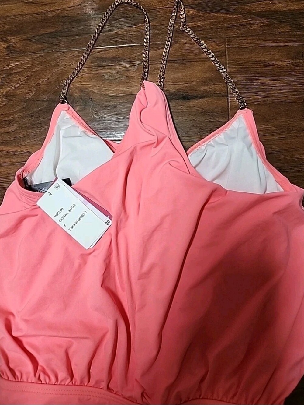 NWT Vince Camuto Collins Luxe Chain Strap Blouson 1 Pc Coral Sugar Swimsuit Sz6 - Picture 9 of 11